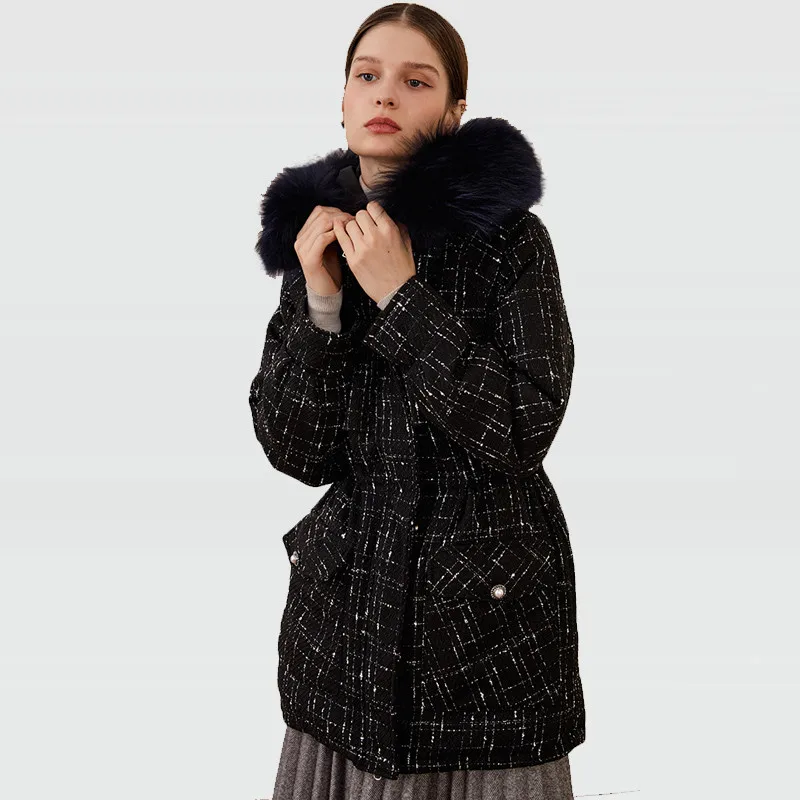 

2022 Women Winter New White Duck Down Coats Real Fox Fur Collar Female Tweed Down Vintage Thicken Puffer Jackets Casual Overcoat
