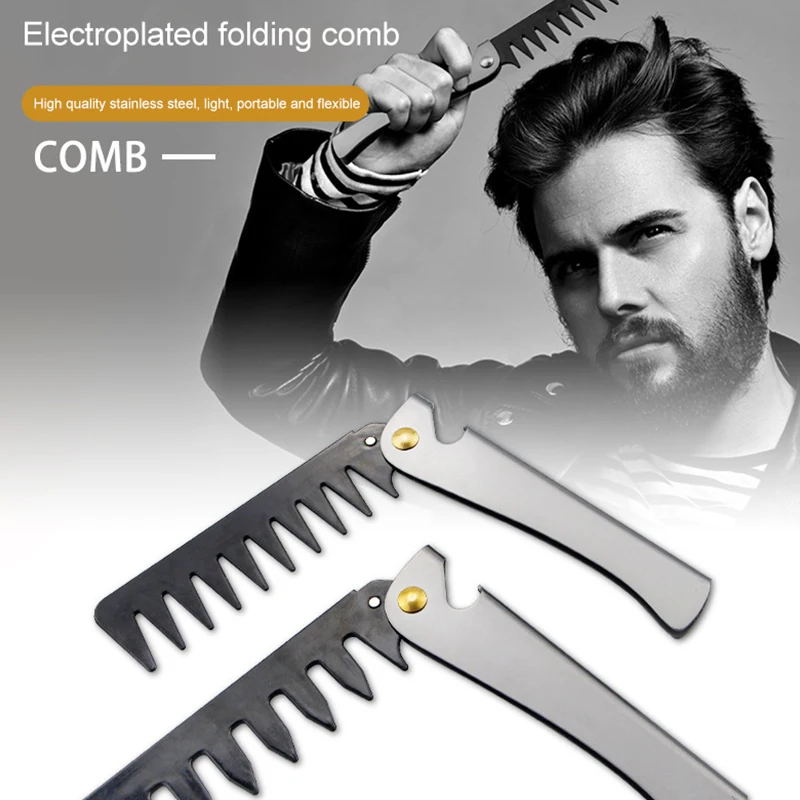 

Foldable Men Beard Comb Pocket Stainless Steel Handle for Easy Carrying Multi-function Rust-resistant Scalloped Comb