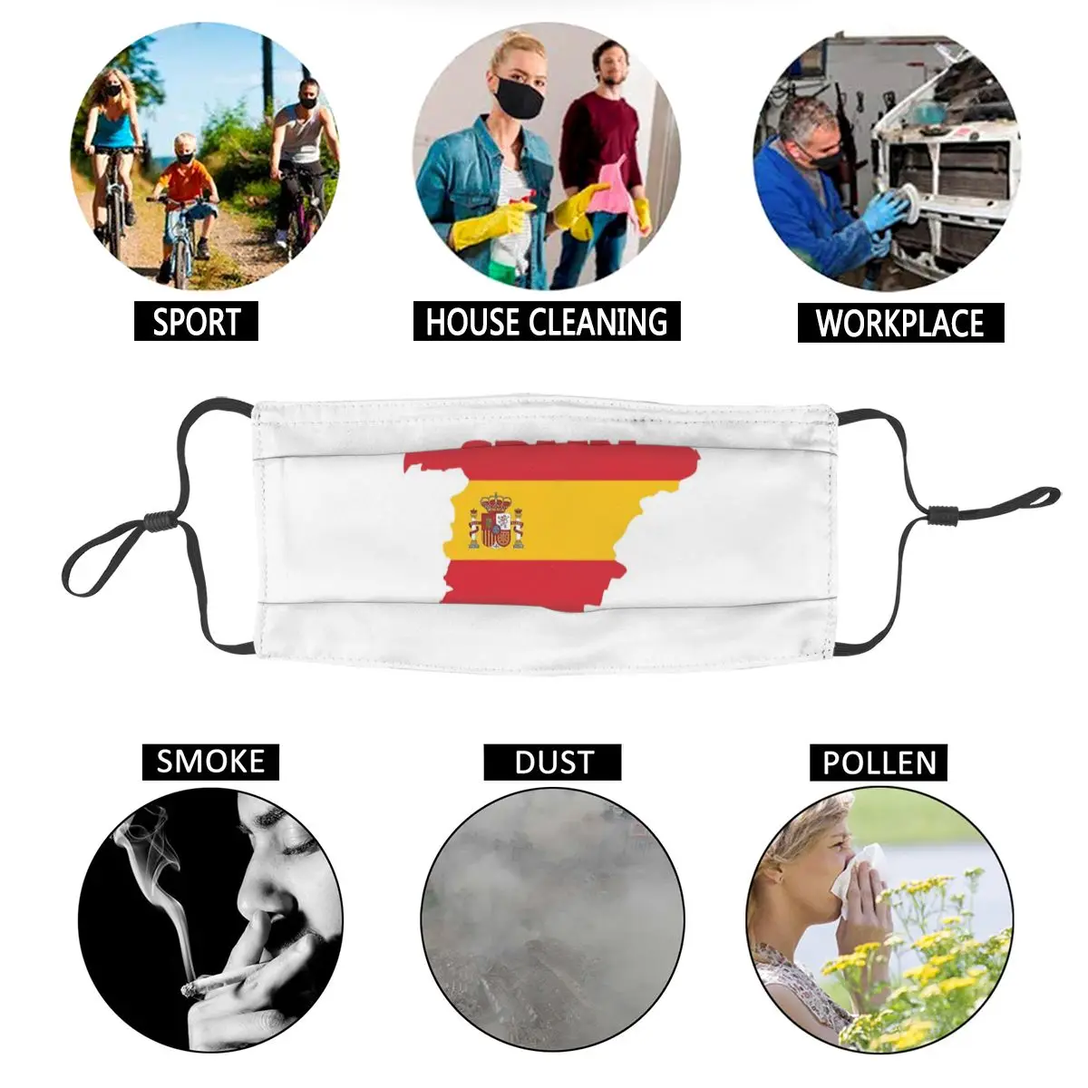 

Spain Map Spanish Flag Non-Disposable Face Mask Espana Anti Haze Dust Mask Protection Mask Respirator Mouth Muffle