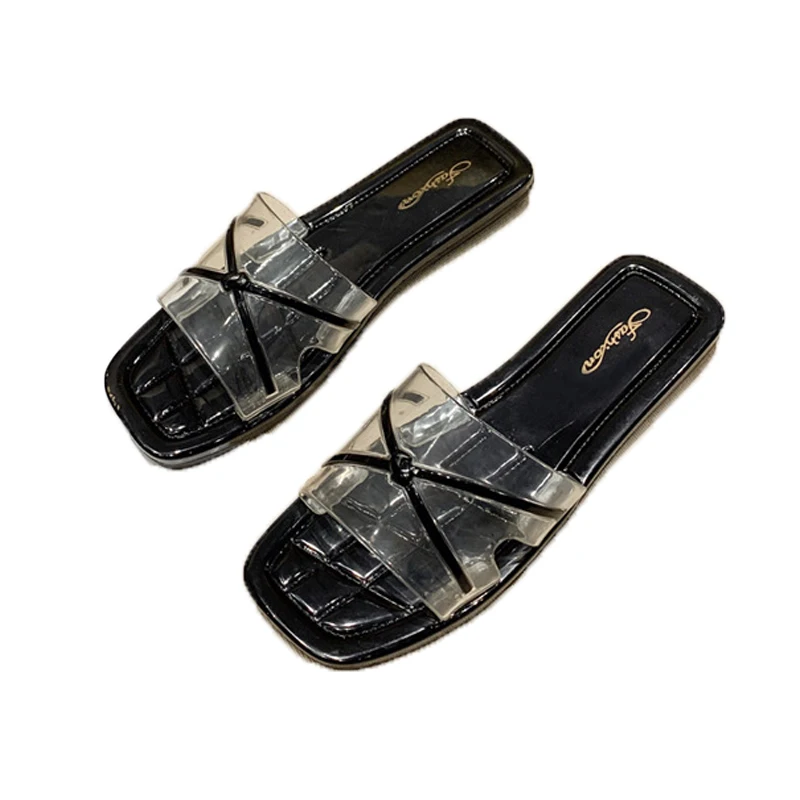 

Korean Flat Bottomed Transparent Cross Rhinestone Slippers Home Shoes Antiskid Versatile Beach Shoes Mature Open Toe Shoes