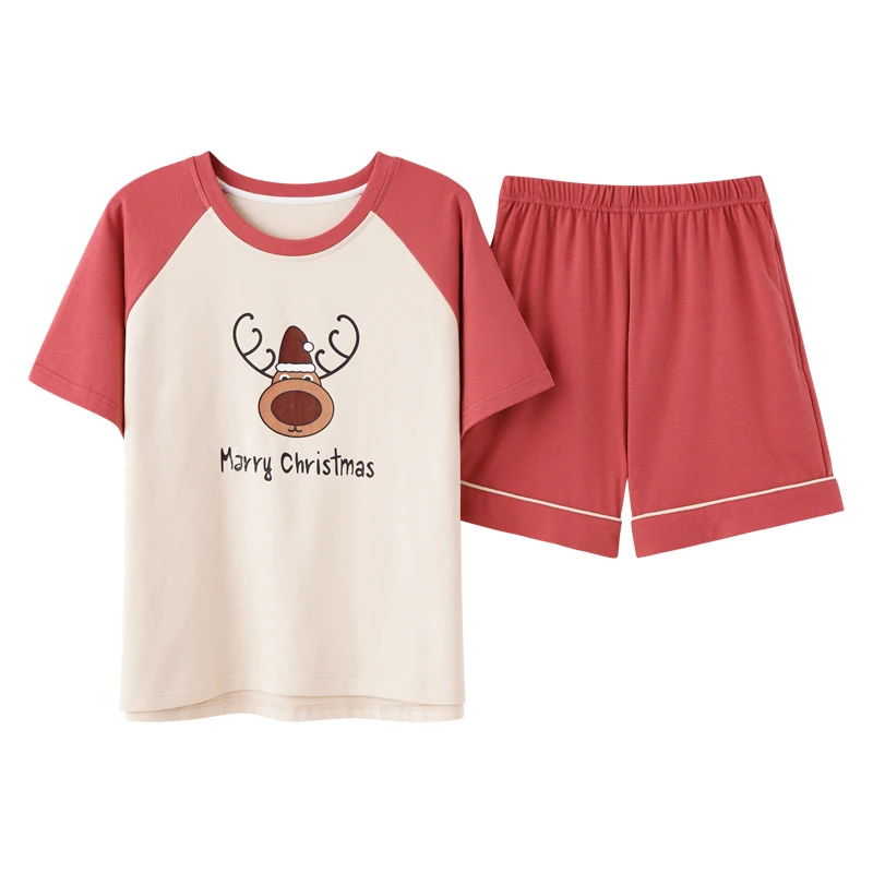 

Spring And Summer Casual Fashion Ladies Round Neck Homewear Suit Ladies Patchwork Cotton Loose Soft Christmas Deer 3XL Sleepwear
