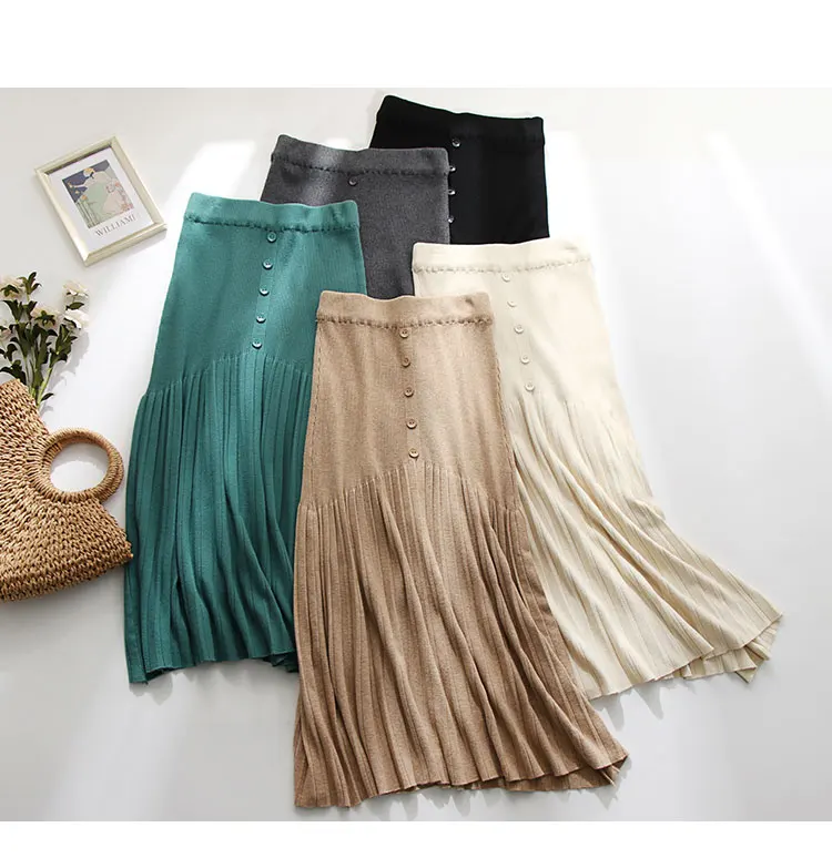 Зима 2019 Осень юбки женские вязаные шерстяные плиссированные длинные пуговицы