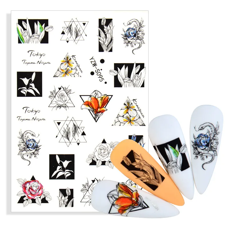 

1 Sheet Abstract Face Nail Stickers Black Leaves Flowers Decals Foils Water Transfer Sliders For Manicure Nails Art Decorations