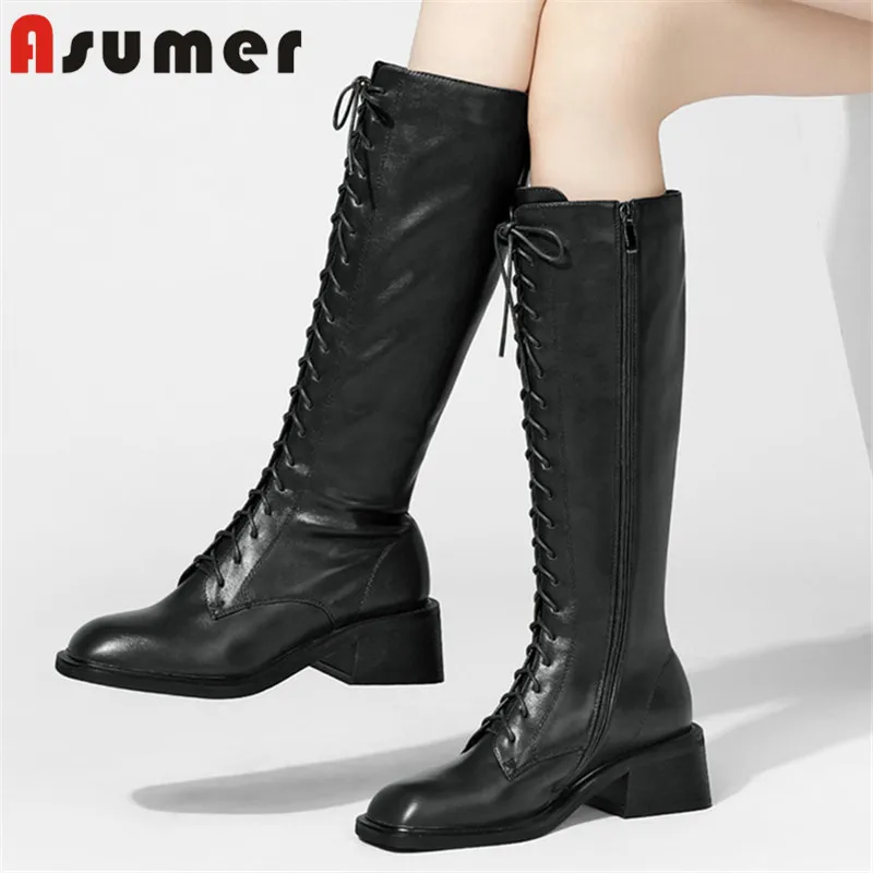 

ASUMER New explosions knee high boots women cross tied square toe vintage thick heel shoes autumn winter riding boots woman
