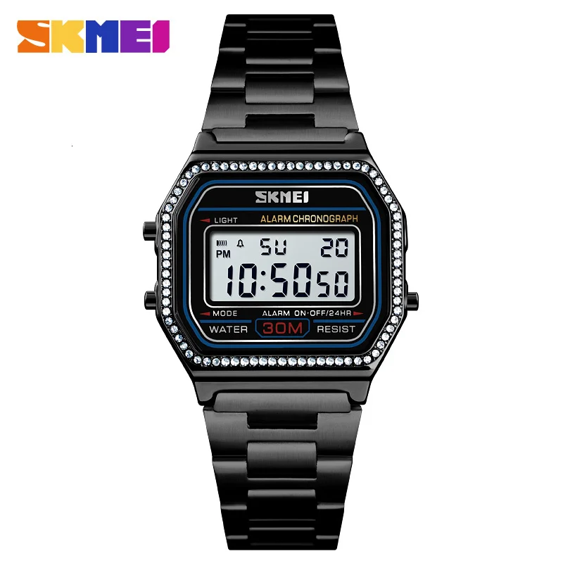 SKMEI, новые модные женские часы, цифровые часы, 30 м, водонепроницаемые, с дисплеем недели, чехол, сплав, цифровые наручные часы, Relogio Feminino - Цвет: Black watch
