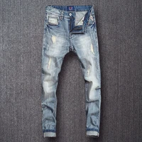 korean style fashion men jeans retro light blue slim fit ripped jeans men embroidery designer european street denim punk pants