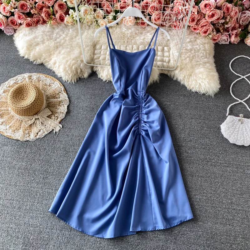 

FTLZZ New Summer Elegant Female Drawstring Mini Dress for Party Sexy Women Spaghetti Strap High Waist Slim Dress