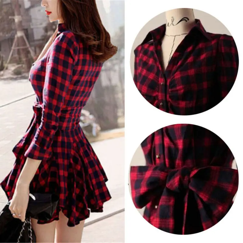 Женское классическое платье с отложным воротником красное клетчатое