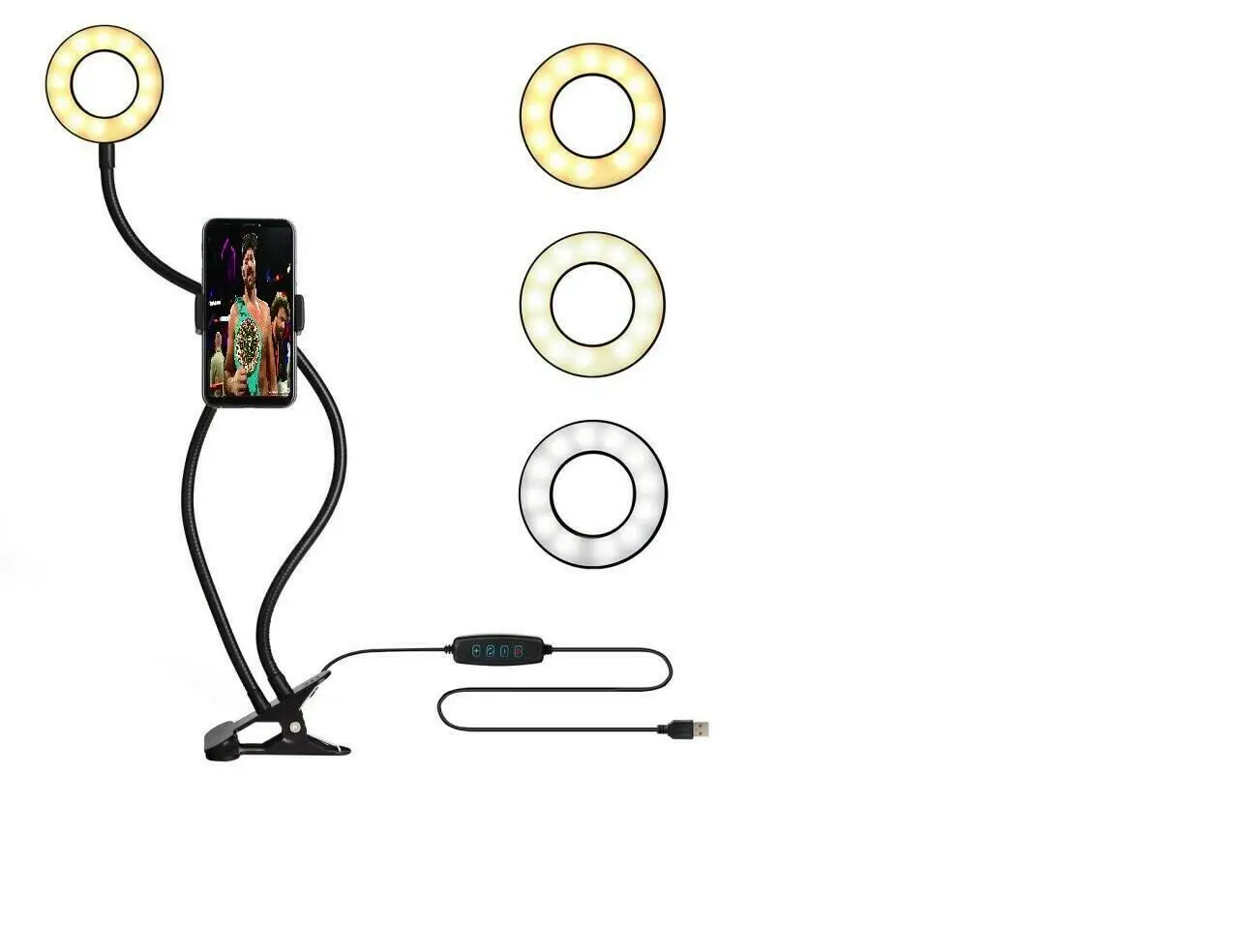 

Long Arm Selfie Holder 24 LED Ring Flash Fill Light USB Clip Camera Phone Stand