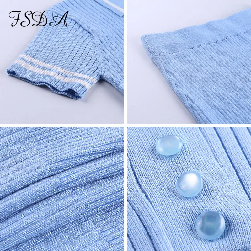 

Party Two Piece Set 2020 Summer Blue Knit Crop Top V Neck Short Sleeve And Mini Bodycon Skirt Casual Women Outfit Sexy