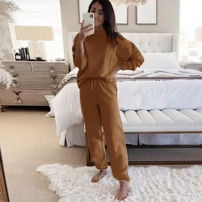 

Elegant Solid Suits Sportswear Fashion Women Two Piece Set Homewear Casual O Neck Pullover Top And Lady Pants Outfits Tracksuit