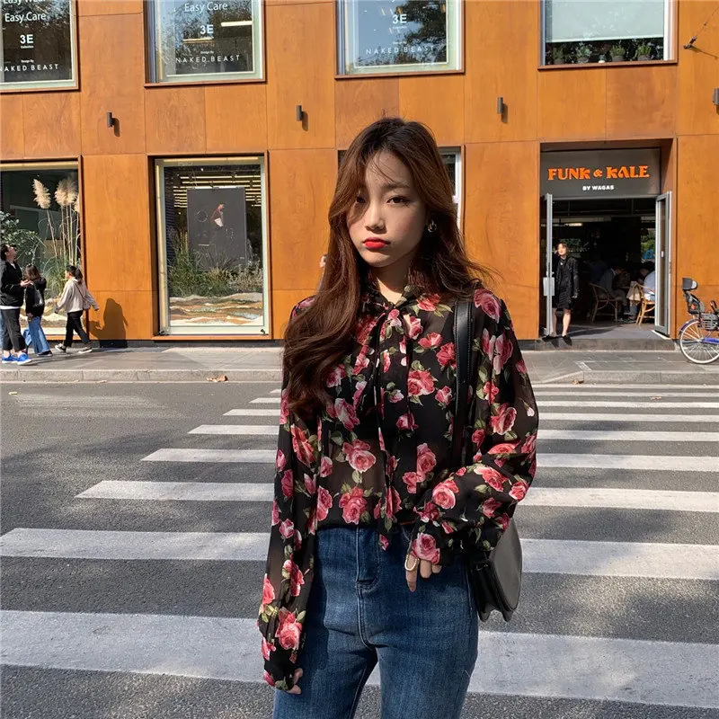 

Hzirip Brief Streetwear Korea Florals Retro All-Match 2020 Gentle Print Fresh New Arrival Chic Gentle Office Lady Basic Shirts