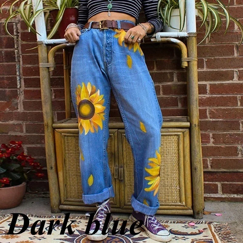 Женские повседневные свободные джинсы с принтом подсолнуха джинсовые брюки