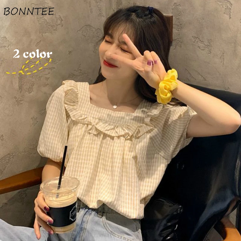 

Shirts Women Loose Plaid Harajuku New Arrival Summer Short Sleeve Retro Simple Holiday Students Tunic Top Cute Chic Sweet Girls