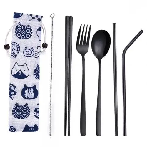 Black 5pcs Новое поступление 3/5 шт Портативный одноразовая посуда набор палочки дозирующая детская ложка для ложки соломка вилка столовые приборы - Цвет: Black 5pcs