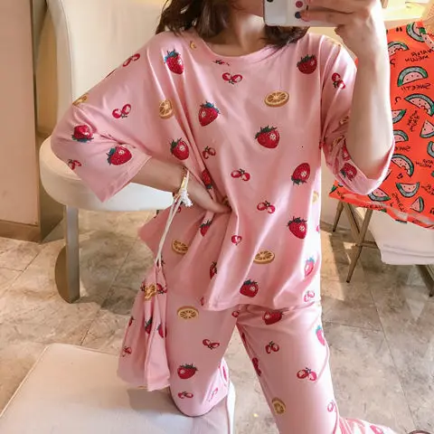 Pajamas suit Осенне-зимний пижамный комплект для женщин, полосатый хлопковый Длинный топ, длинные штаны, комплект из 2 предметов, пижамный комплект для женщин, милая одежда для сна, пижама для девочек - Color: Pajamas suit