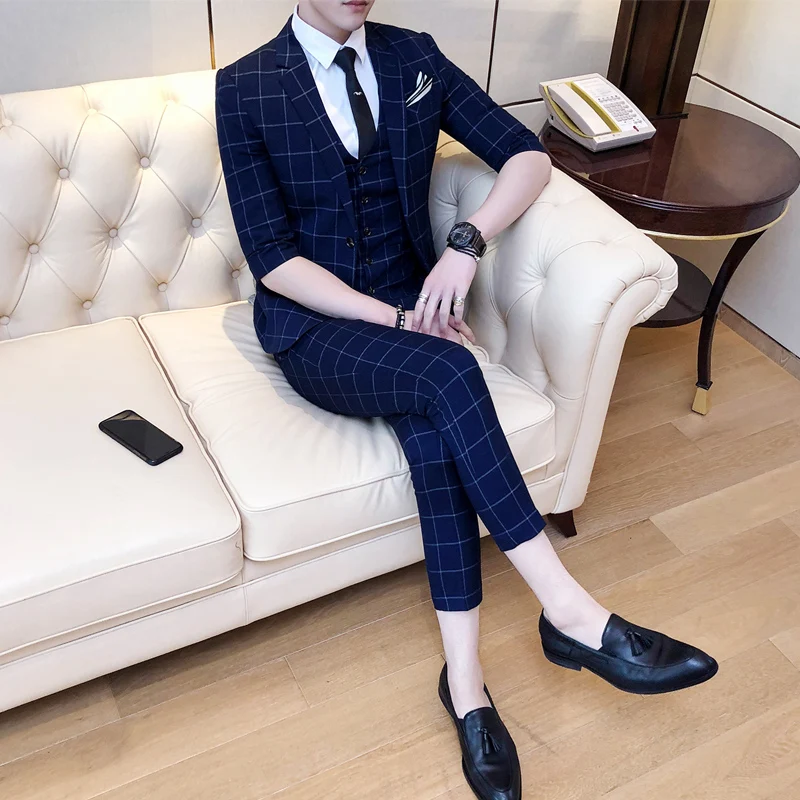 ( Jacket + Vest Pants ) Mens Fashion Boutique Plaid Formal Business Suit 3 Piece / Groom Wedding Dress Half Sleeve Suits | Мужская