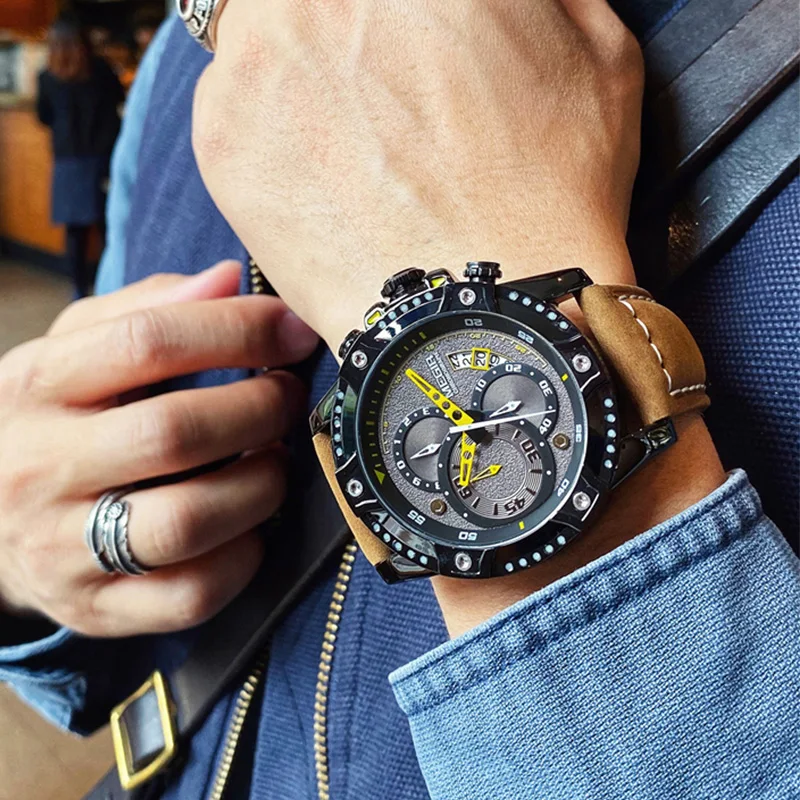 Часы MEGIR Мужские кварцевые с хронографом спортивные наручные кожаным ремешком