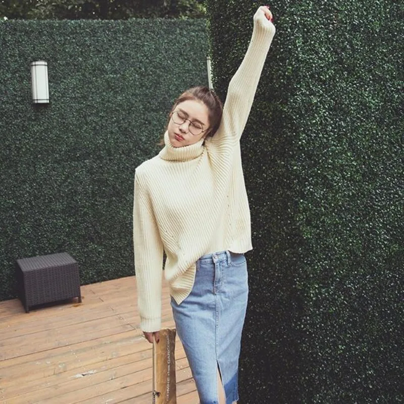 Модная Повседневная Женская водолазка корейский Свободный пуловер с длинными