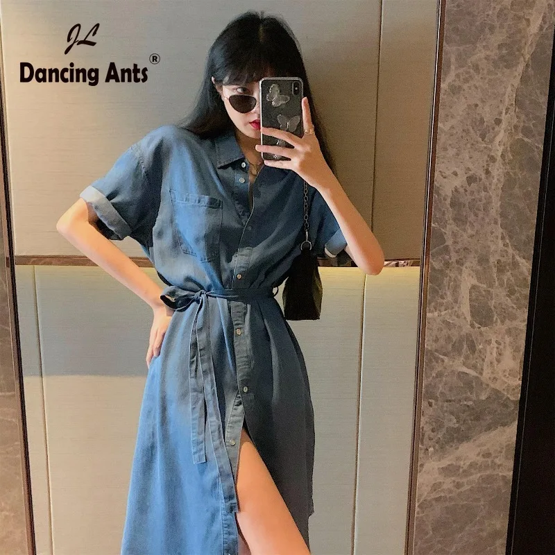 Французское шикарное винтажное джинсовое платье с коротким рукавом воротником