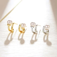 shell pearl stud earrings for women cute ethnic double layer real gold plated brass earrings korean fashion party daily jewelry