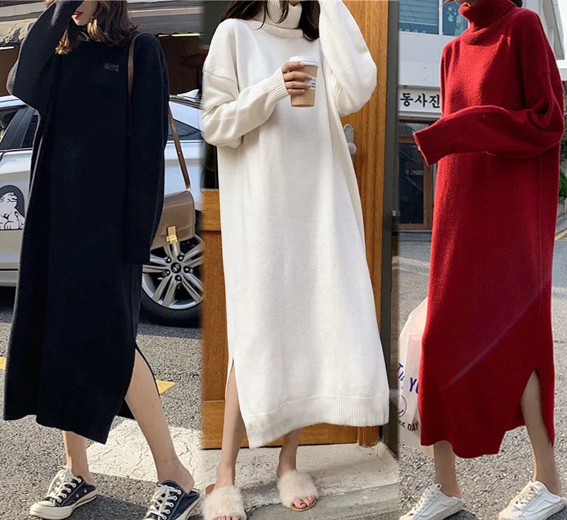 

Новое вязаное платье с высоким воротником, свободное платье, женский свитер зимнего типа, женская вязаная одежда с длинным рукавом