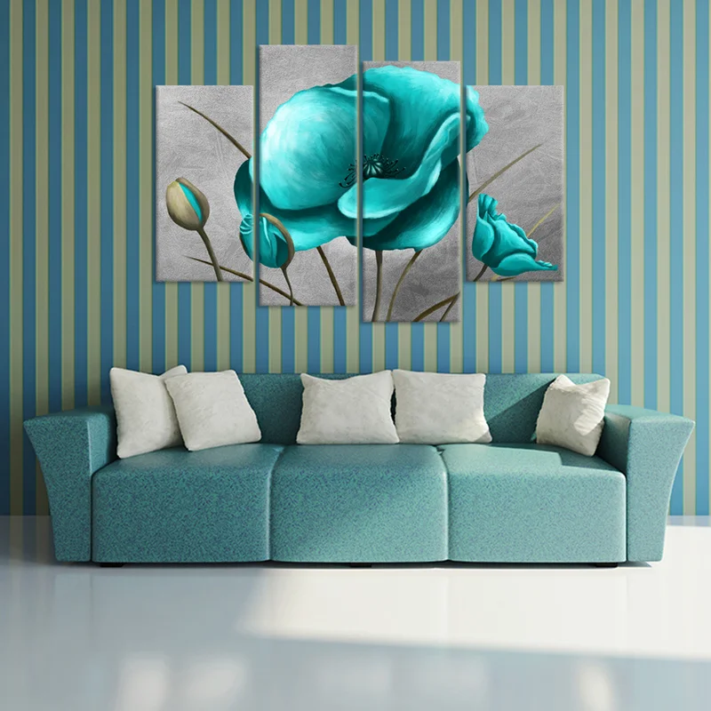 Картина на холсте с цветами для домашнего декора постер 4 шт. синие цветы мака