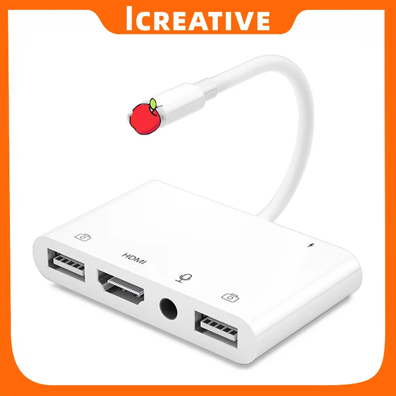 

Адаптер Lightning/2 USB-порта HDMI 4K TV OTG для зарядки микрофона, аудиокабель с разъемом Aux для iPhone 12/11Pro/11/XS/X/8/7/ iPad