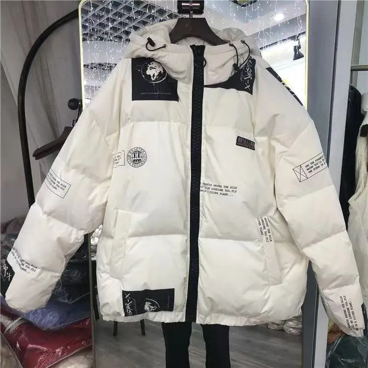 

White duck down jacket cartoon face hooded men and women same style couple winter printing thick loose jacket