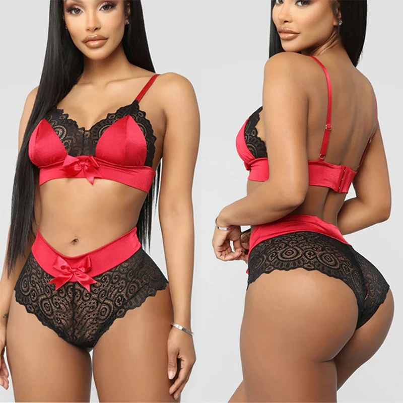 

Female Sexy Underwear Sleeveless Lace Satin Bowknot Push Up Bra Set Halter Black Babydoll Comfortable Lingerie Sets Women Bras