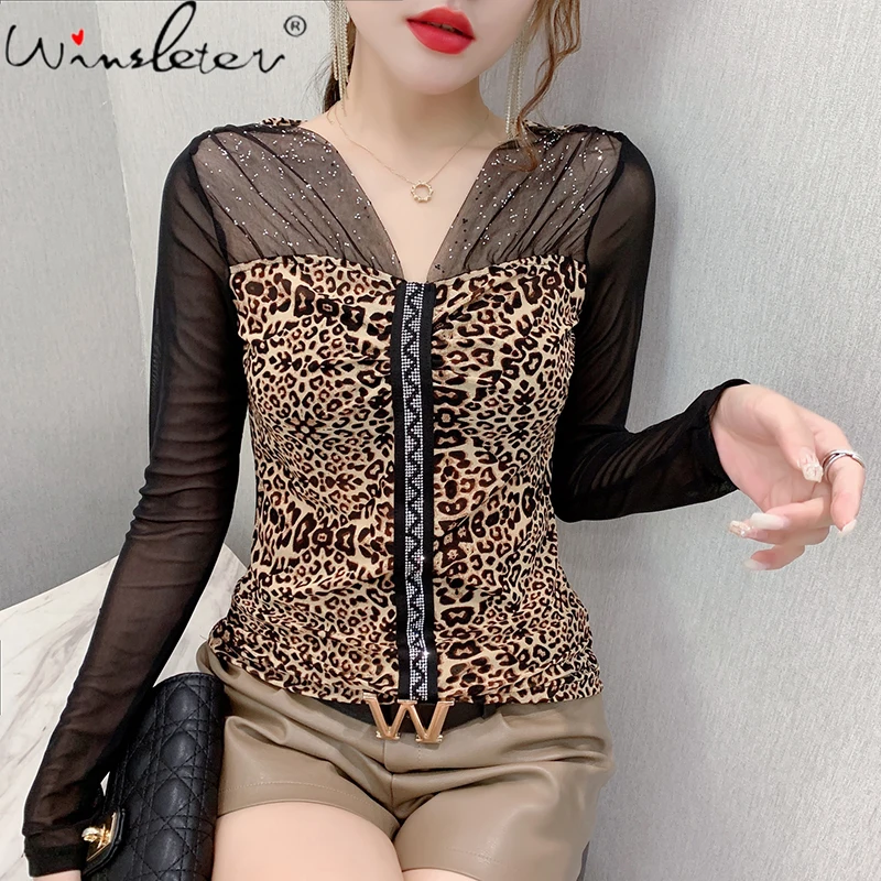 Женская футболка с V образным вырезом блестящая Сетчатая в европейском стиле