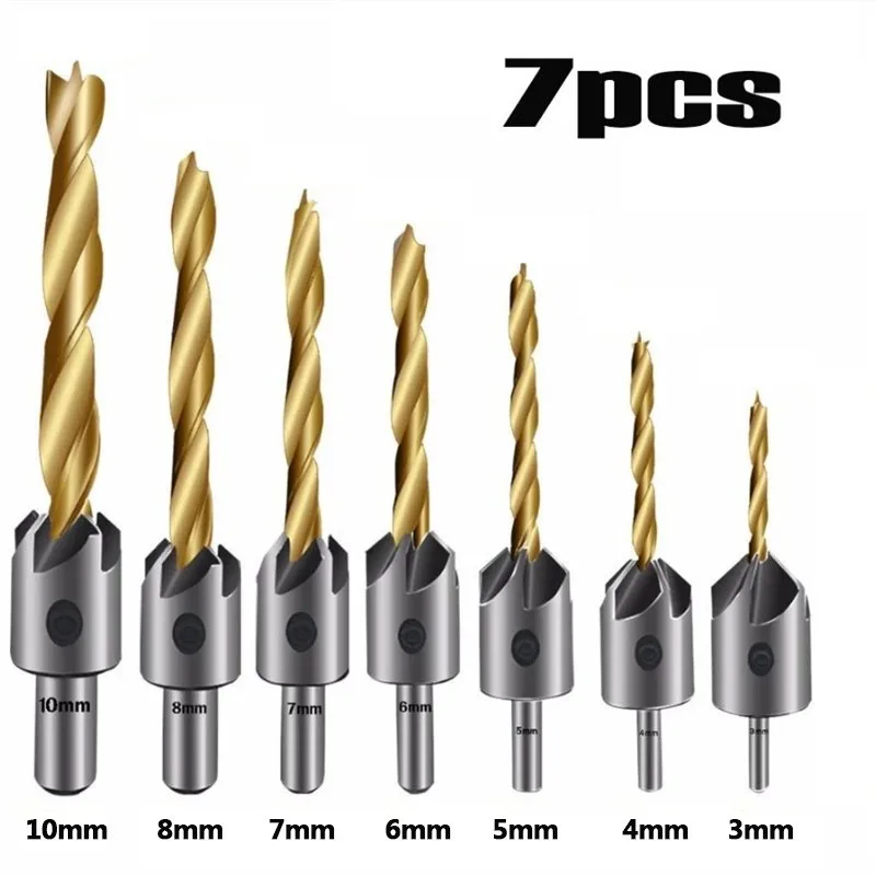 

3-10mm Round Shank HSS Titanium Coated Countersink Drill Bit Carpentry Reamer Countersink Drill Bits With One Hex Wrench