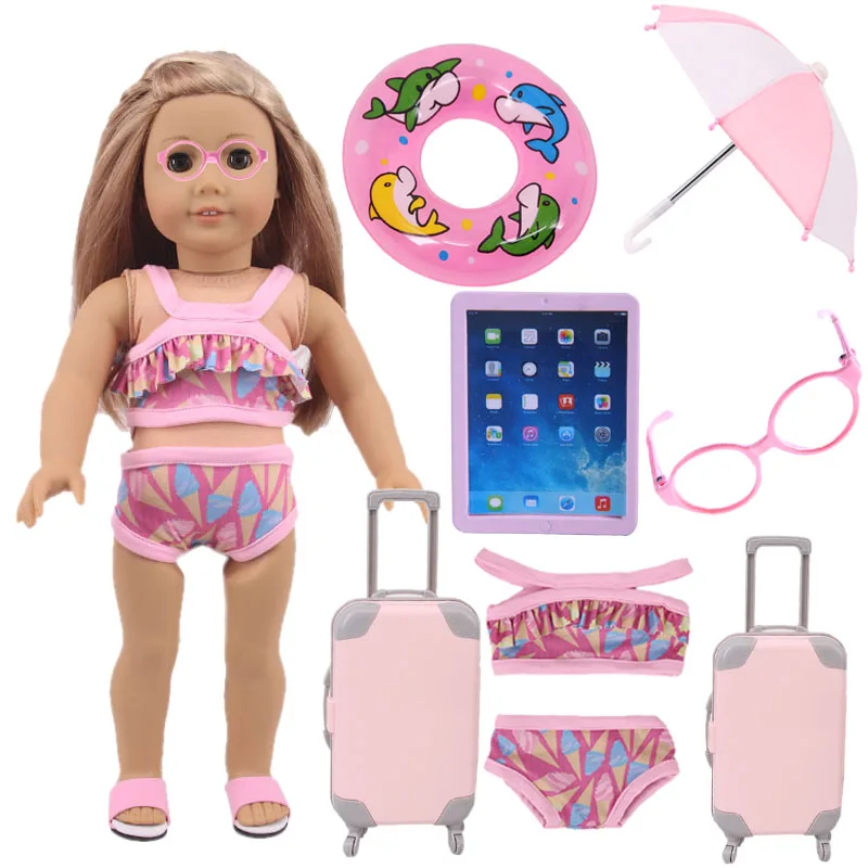 

Аксессуары для кукол, 18 дюймов, 43 см, реборн купальный костюм для младенцев, 1 комплект = зонт + очки + кольцо для плавания + планшетный ПК + Купа...