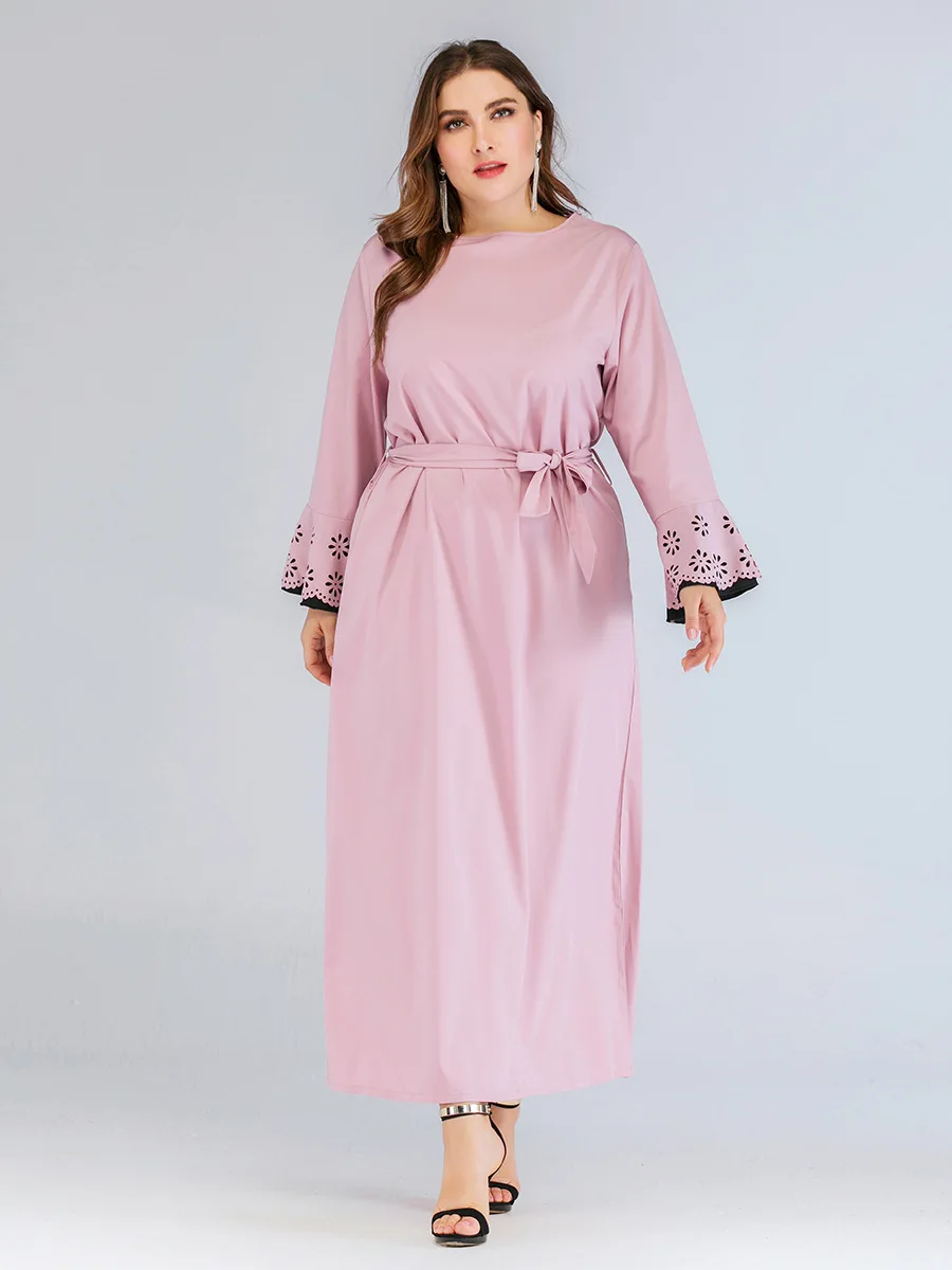New spring autumn plus size long dress for women large loose casual sleeve elegant O neck dresses belt pink 4XL 5XL 6XL 7XL | Женская