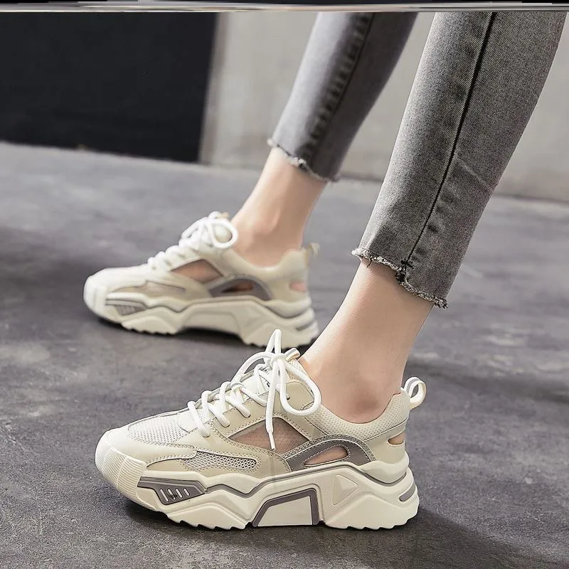 New Fashion Women Casual Shoes Comfortable Breathable Mesh Shoes Women Spring Lace-up Non-slip Platform Sneakers Cutout Slippers