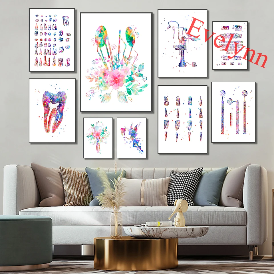 

Dentist Office Decor Canvas Medical Art Tooth Anatomy Print Dental Tools Poster Hygienist Gift Dental Clinic Decor Watercolor
