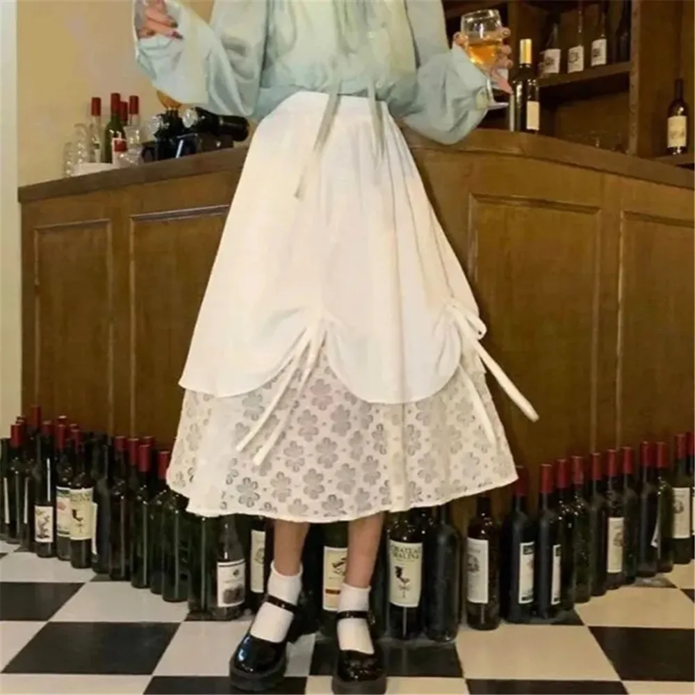 

Skirts Women Solid Korean Style Irregular Lace Fashion Autumn Sweet Student Loose Casual All-match High Waist Long Pleated skirt