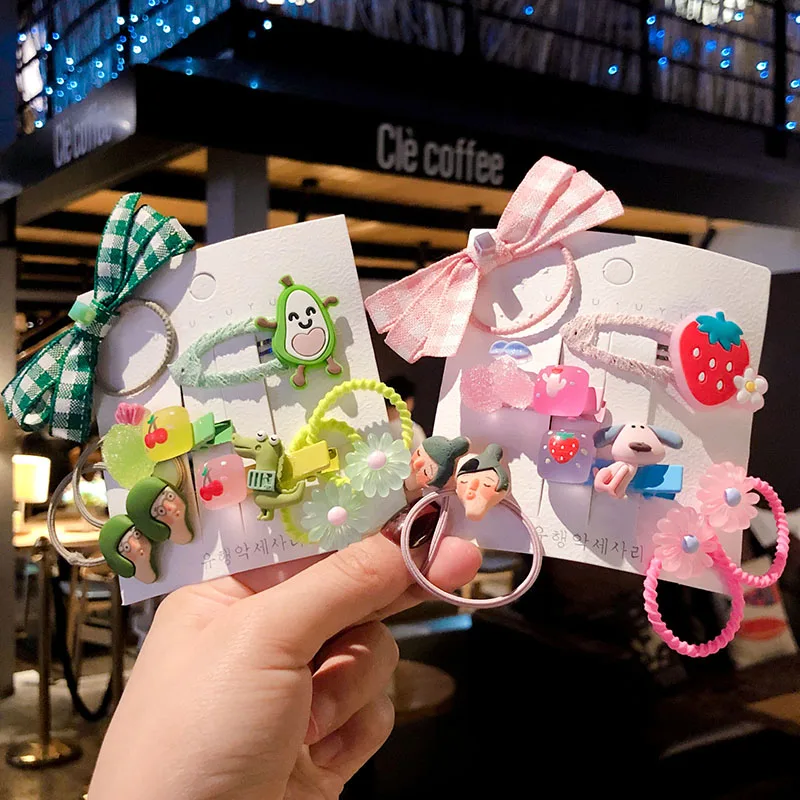 5/8 Pcs Children Cute Cartoon Flower Fruit Ornament Hair Clips Baby Girls Lovely Rubber Bands Hairpinds Kids Accessories |