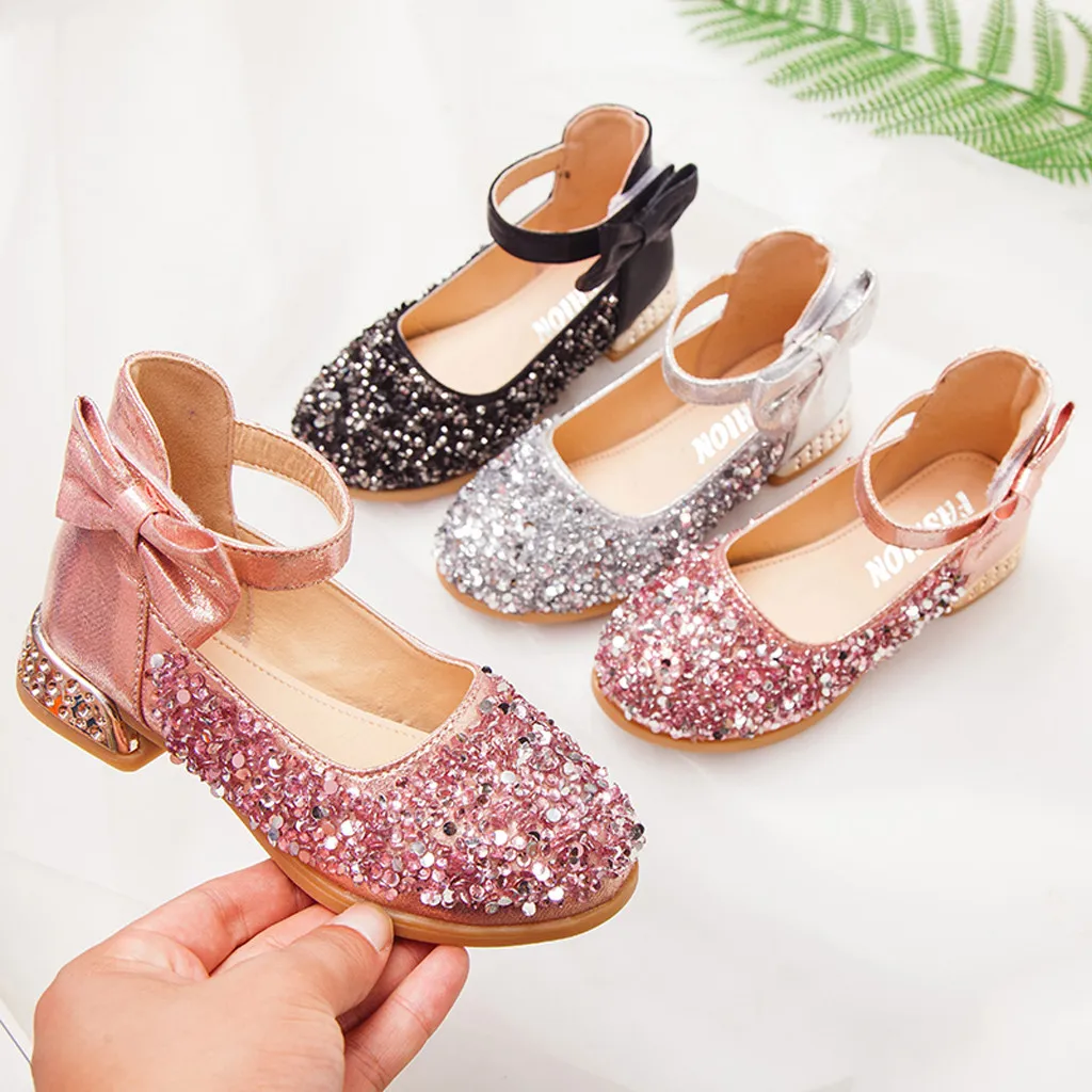 Модные тонкие туфли принцессы с блестками и жемчугом для маленьких девочек| |