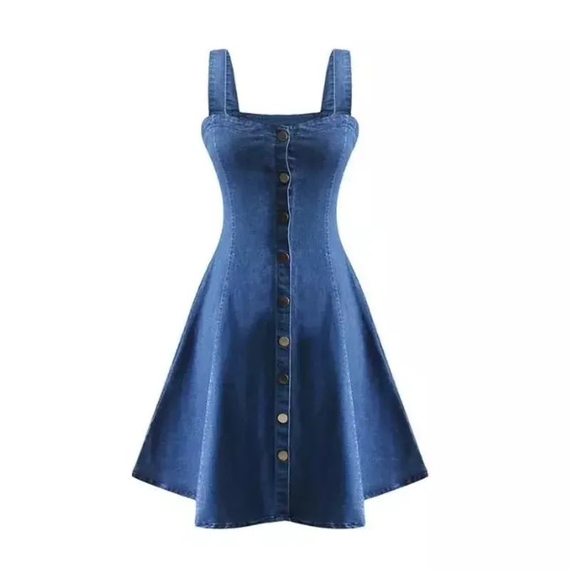 

XUXI Women Clothing Sexy Mini Dress, Fashion High Waist T-shirt, A-line, Single Row Button, Open Back, Denim Suspender E1020