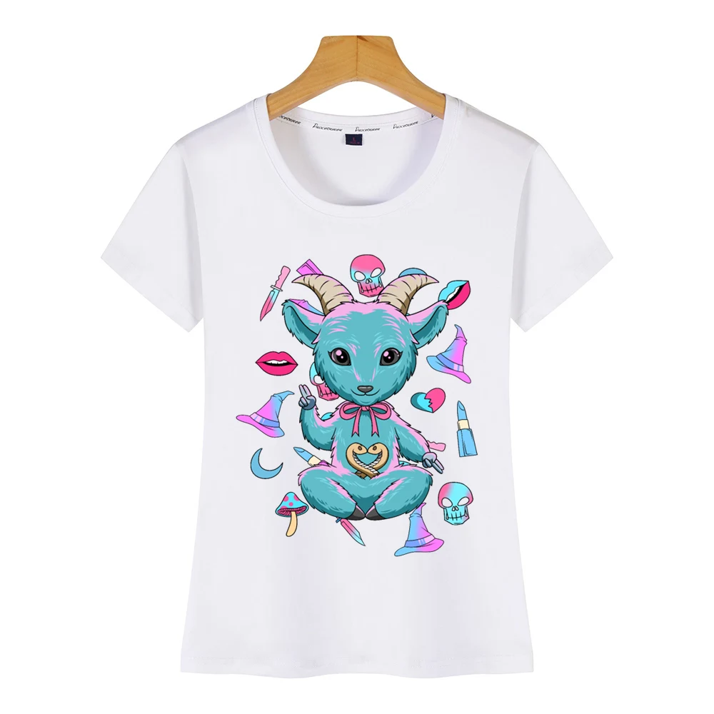 Топы футболка женская детская baphomet kawaii pastel goth nu смешная белая Хлопковая