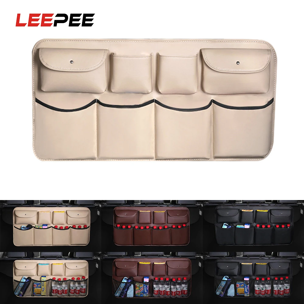 

LEEPEE PU Leather Car Rear Seat Back Storage Bag Multi Hanging Nets Pocket Auto Stowing Tidying Trunk Organizer Car Styling