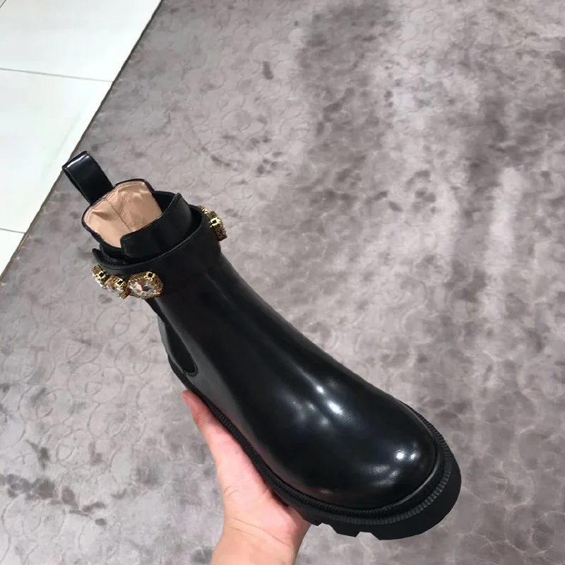 LMCAVASUN модные роскошные кожаные черные женские ботильоны на толстом каблуке