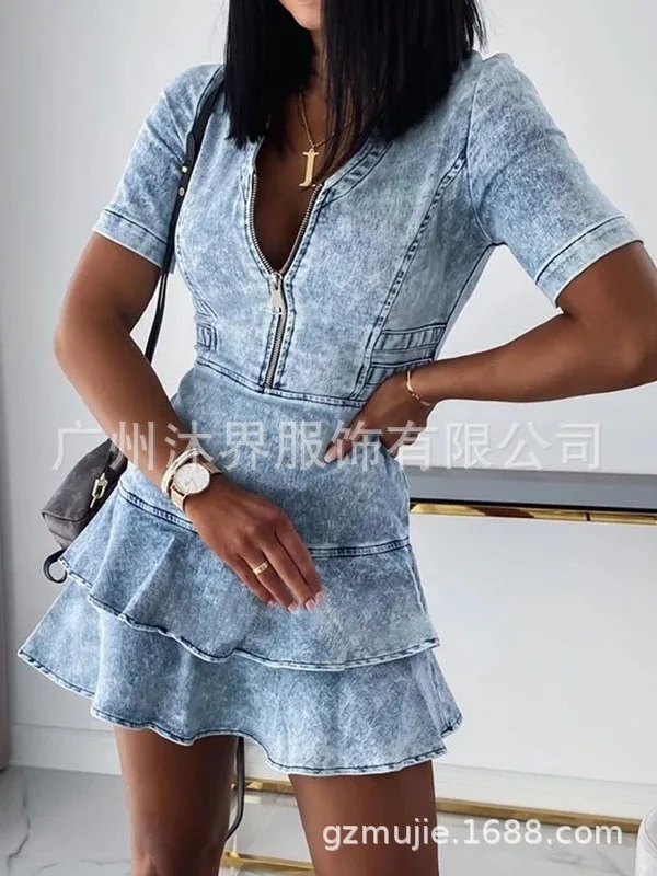 

denim dress for women 2021 summer short-sleeved V-neck short casual dress