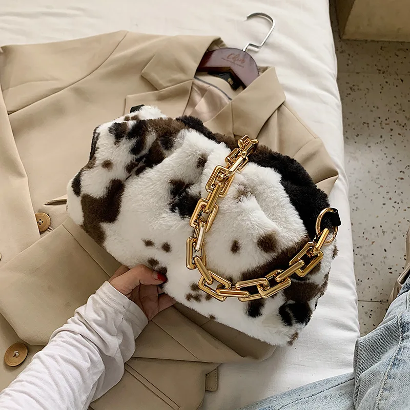 

Cow Pattern Soft Faux Fur Small Shoulder Bags for Women Fashion Winter Branded Trending Chain Handbags Trending Hand Bag