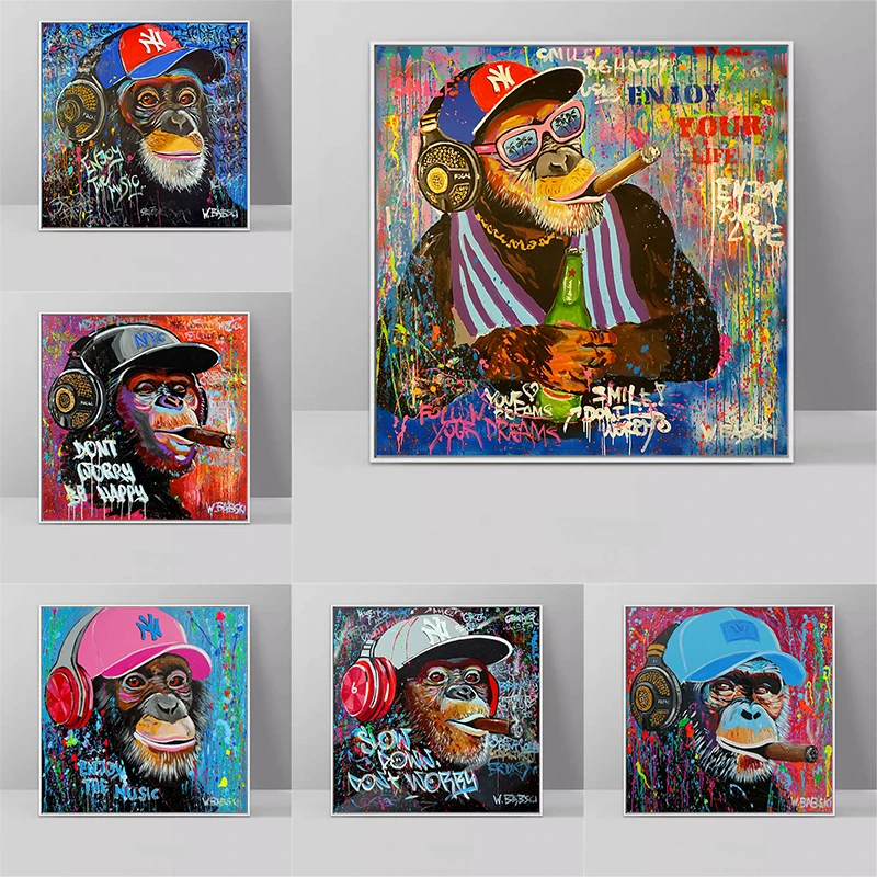 

Cool Smoking Monkey Enioy The Music Pop Art Canvas Painting Posters and Prints Funny Caroon Animal Wall Art Pictures Home Decor