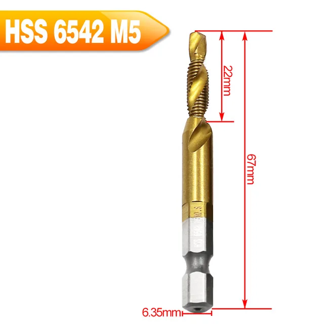 6 шт. Hss6542 комбинированное сверло винтовой кран 1/4 шестигранный хвостовик машина ручные краны Титан M3 M4 M5 M6 M8 M10 сверло Зенковка - Цвет: M5