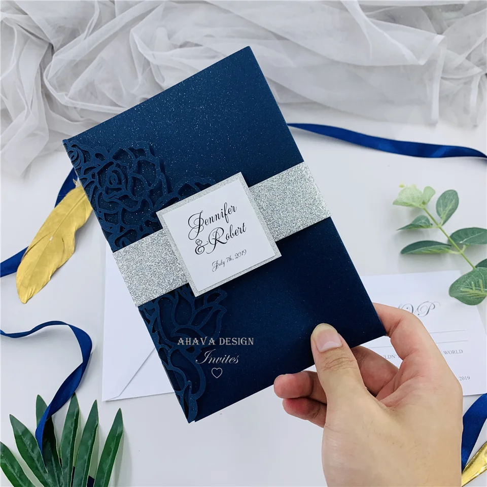 Elegant Modern Navy Laser Cut Pocket Wedding Invitation Suite With Glitter Silver Tag RSVP card And Envelope | Дом и сад