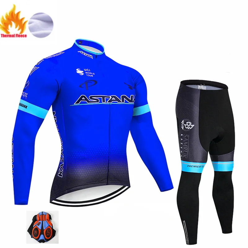 Winter suit Флуоресцентный зеленый Астана Ropa Ciclismo Invierno Зимний Велоспорт Джерси термальный флис с длинным рукавом Велоспорт одежда Набор велосипед одежда - Цвет: Winter suit