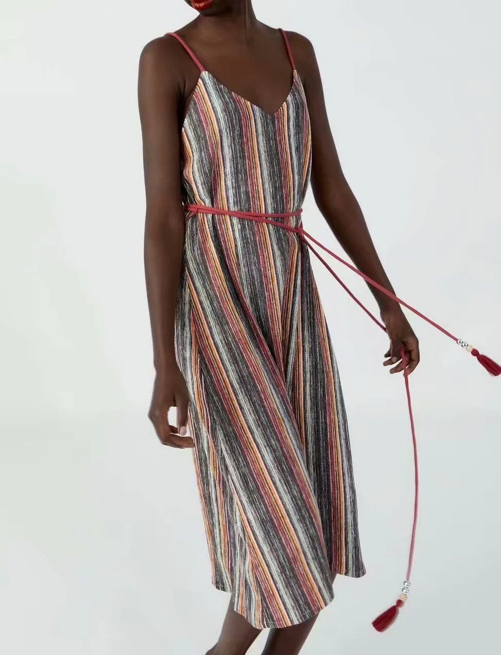 Богемное платье в полоску с бретельками и поясом Пляжное Платье трапециевидной